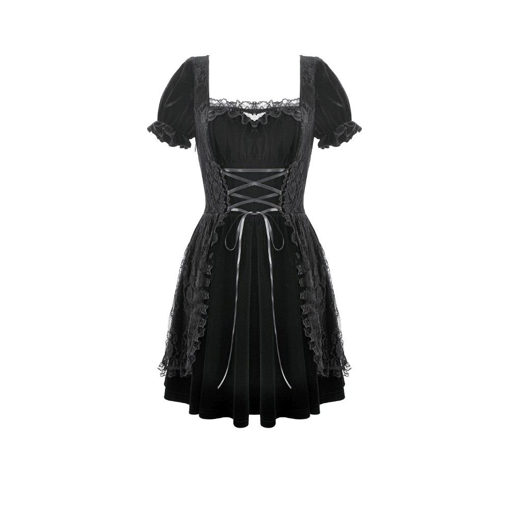 Dark in Love - Velvet Gown with Vintage Lace Patchwork, Bat Motif and Corset Laceup Detail Short dress - Black
